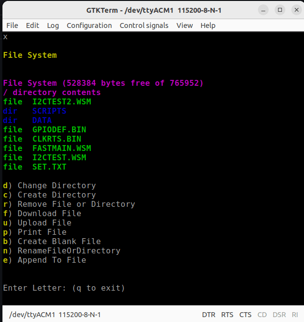 The Filesystem menu provides interaction with file system.