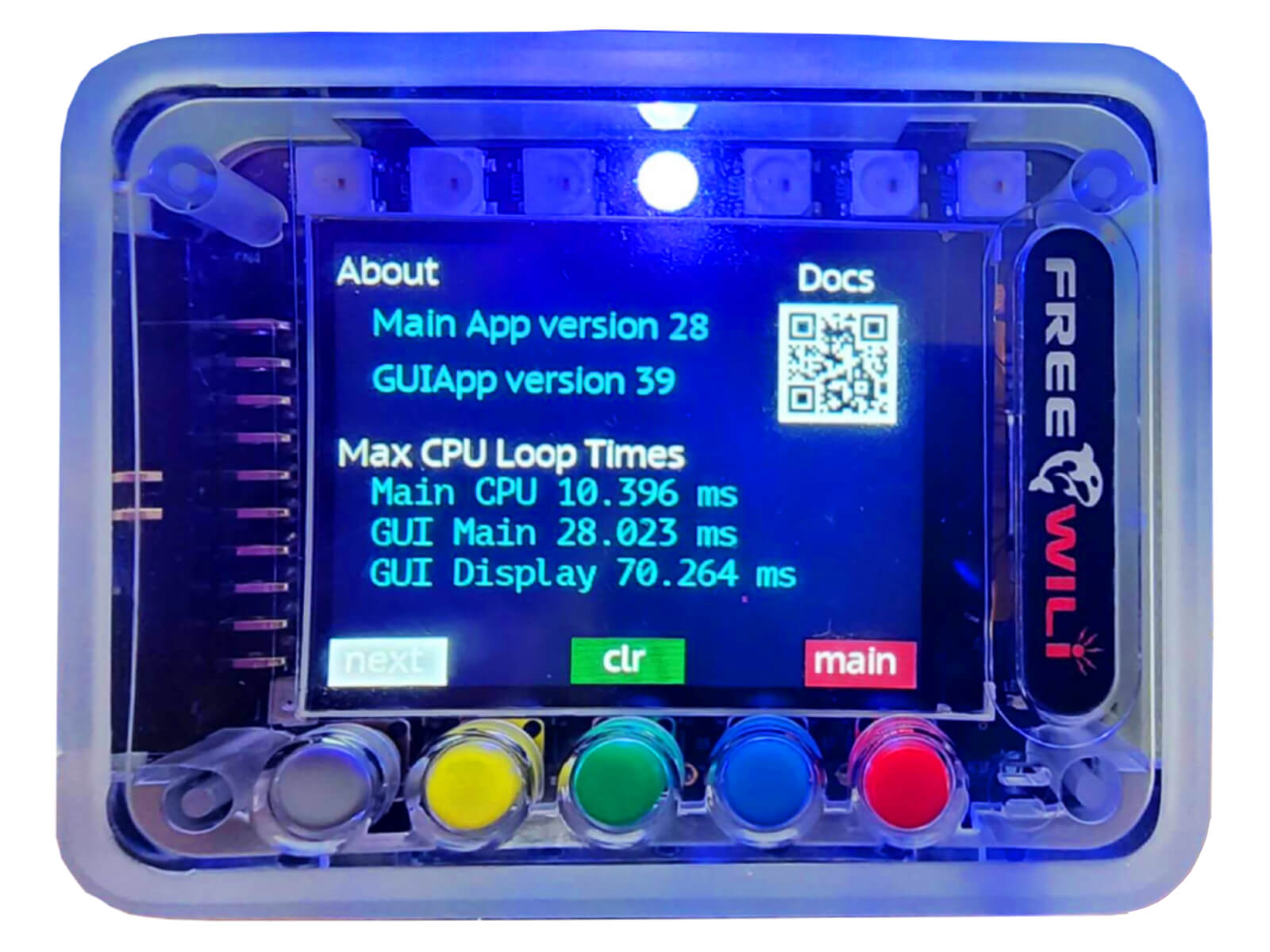 The about screen includes version information, loop times and documentation links.