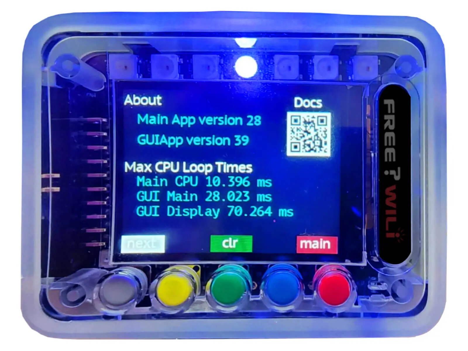 The about screen includes version information, loop times and documentation links.