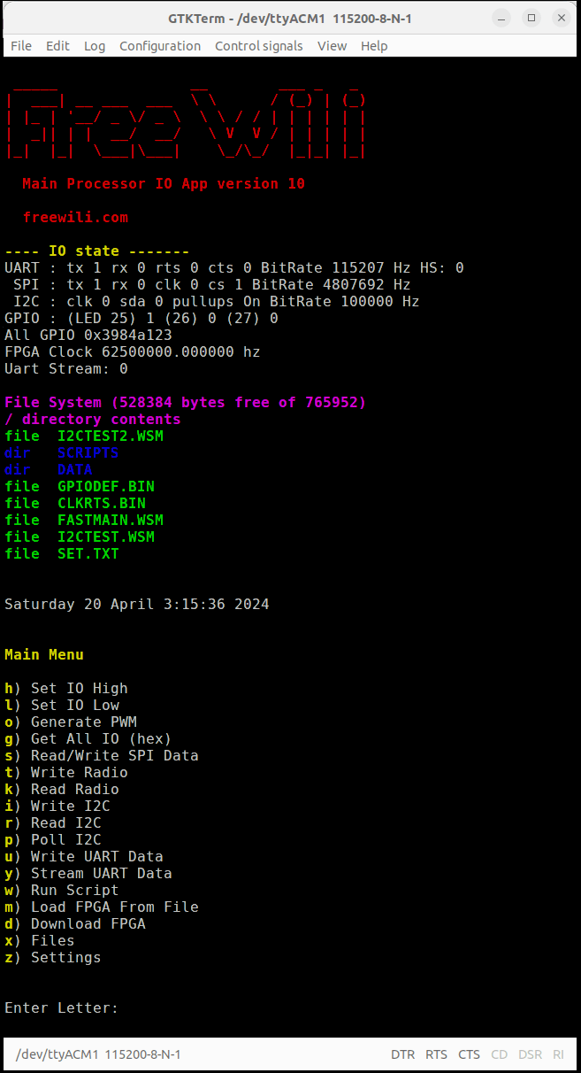 FREE-WILi&#39;s Serial Command Line Interface Main Menu