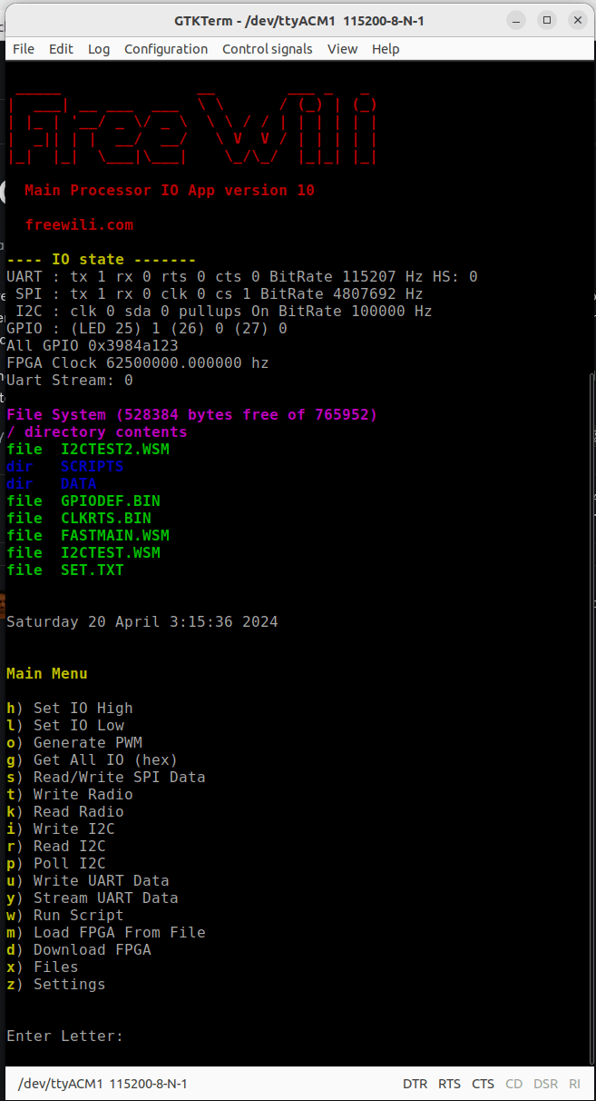 FREE-WILi&#39;s Serial Command Line Interface Main Menu