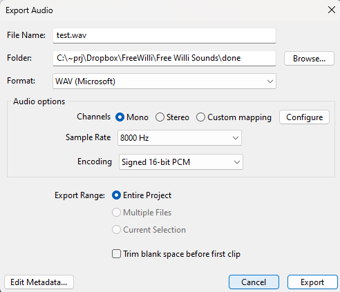 Audacity can export an 8000 hz 16 bit PCM wav file